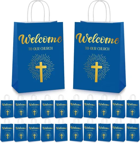 Chuangdi 50 bolsas de regalo de bienvenida a la iglesia, bolsas de papel cristiano con asas para invitados, día de la madre, baby shower, Azul