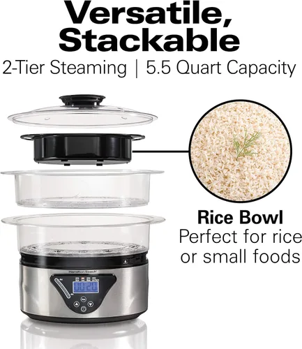 Miniatura 3 de Hamilton Beach Vaporizador eléctrico digital de alimentos y olla arrocera para cocinar rápidamente y saludable para verduras y mariscos y sándwiches