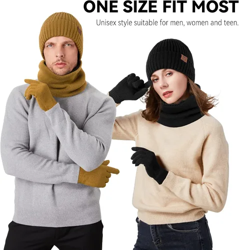 Miniatura 2 de OZERO Juego de 3 piezas de gorro de invierno y bufanda para mujeres y hombres: guantes para pantalla táctil, gorro de punto, calentador de cuello
