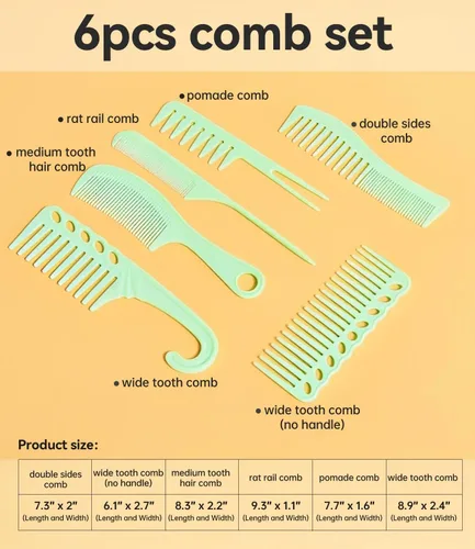 Miniatura 6 de Juego de 6 peines profesionales para el cabello para mujeres y hombres, cola de rata, peines de dientes anchos y finos para cabello rizado, Verde