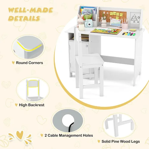 Miniatura 6 de Costzon Juego de escritorio y silla para niños, mesa de estudio de madera para niños con almacenamiento, gabinete, tablero de anuncios de corcho