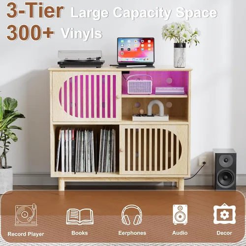 Miniatura 8 de Soporte grande para tocadiscos con almacenamiento y luces LED, gabinete de almacenamiento de discos de vinilo con capacidad para hasta 350 álbumes