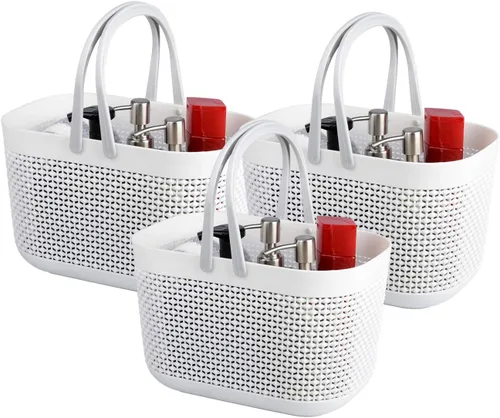 Miniatura 9 de UUJOLY Cestas de almacenamiento de plástico con asas, organizador de cubos de ducha para baño y cocina, color beige