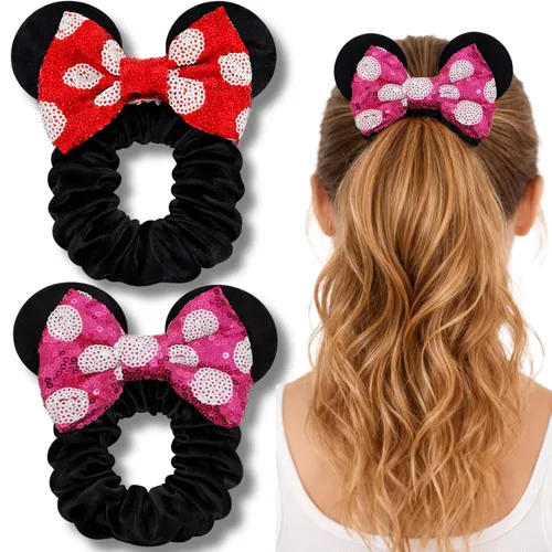 Miniatura 8 de Styla Hair - Paquete de 2 coleteros para orejas de ratón, con lazo de terciopelo con orejas de lentejuelas, bonitos accesorios para el cabello