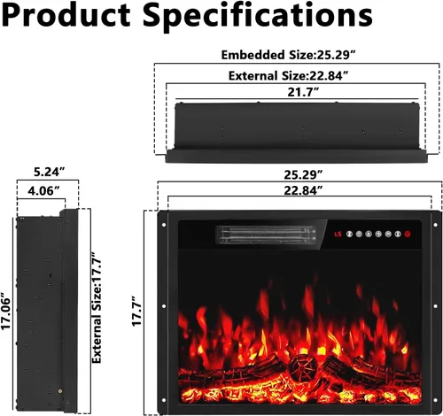 Miniatura 2 de PRETZI Calentador eléctrico de chimenea de 23 pulgadas, chimenea empotrada con control remoto y panel de control, efectos de llama LED ajustables