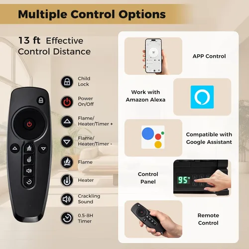 Miniatura 5 de ORALNER - Juego de troncos para chimenea eléctrica WiFi de 26 pulgadas, calentador de cuarzo infrarrojo con sonido crepitante, control remoto