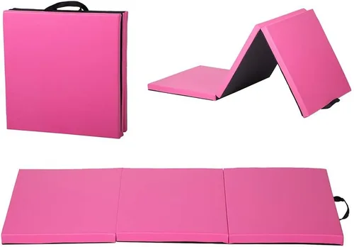 Miniatura 7 de Colchoneta de gimnasia portátil plegable de 4 x 8/2 x 6 pies, tapete de ejercicio de piel sintética con asas de transporte para entrenamiento en Rosa