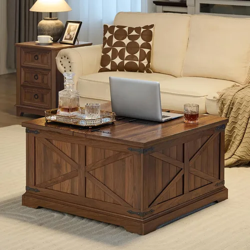 Miniatura 7 de Joaxswe Mesa de café estilo granja con gran compartimento de almacenamiento oculto, mesa central cuadrada retro marrón, mesa baja rústica de madera