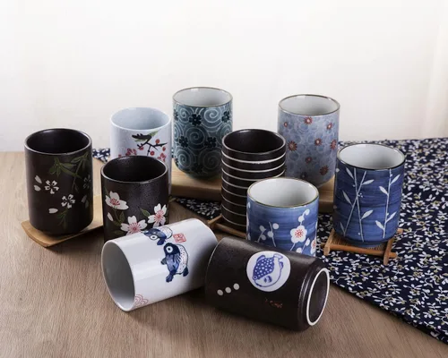 Miniatura 6 de WHJY Juego de 2 tazas de té de cerámica sin asa estilo chino/japonés transicional de 10 oz, patrón de flor de cereza y línea Flower & Line
