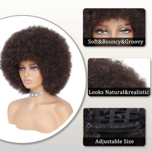 Miniatura 4 de Peluca rizada afro de los años 70 para mujer, marrón oscuro, fibras sintéticas, suave, flexible, sin desprendimiento, correas ajustables Marrón/Negro