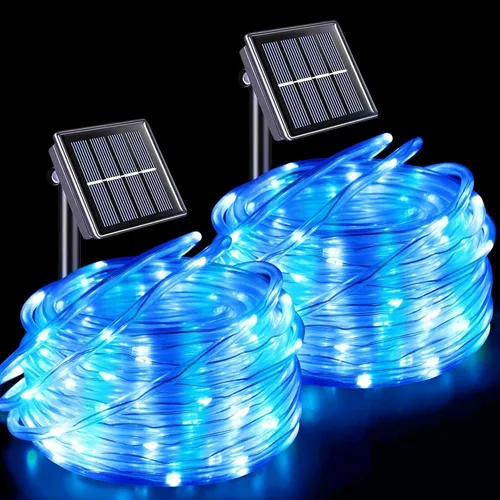 Miniatura 11 de QITONG Paquete de 2 luces solares verdes, cada cadena de 100 luces LED de 33 pies para exteriores, 8 modos de luces de hadas en tubo de PVC