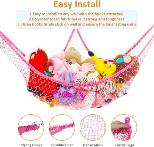 Miniatura 2 de Hamaca de juguete, red de almacenamiento de animales de peluche y juguetes, 70 pulgadas, eslinga de pared tamaño extragrande, organizador de red