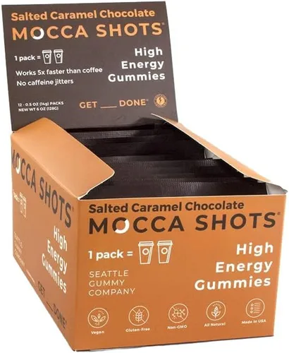 Miniatura 7 de Mocca Shots – Caramelo Salado 100 mg Gummies de cafeína (12 paquetes, 2 por paquete) Café Energía Masticar Gummy, Vegano, Sin gluten, Todo Natural