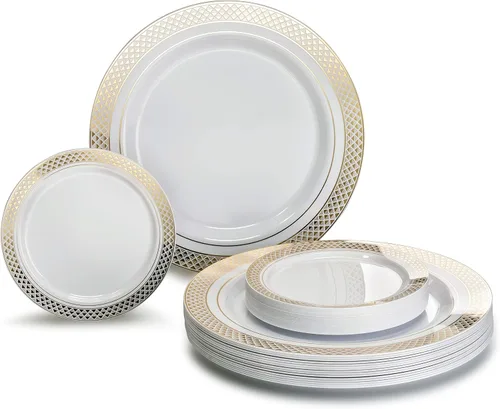 Miniatura 19 de Occasions" - Juego de 125 piezas (25 invitados) - Platos y cubiertos de plástico para boda, vajilla pesada desechable de 10.5 pulgadas, 6.25