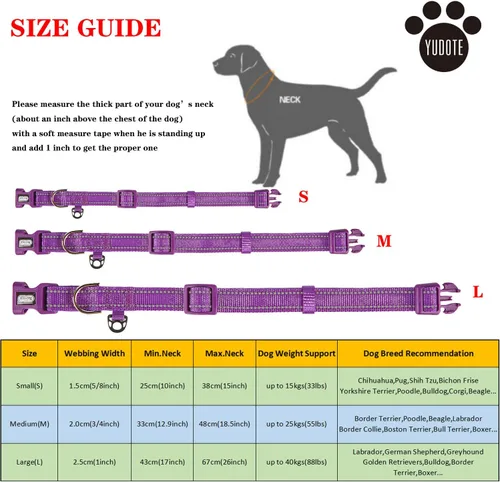 Miniatura 5 de Collar de nailon reflectante para perro con acolchado de neopreno transpirable, ajustable para perros pequeños (9.8 a 15 pulgadas, morado)