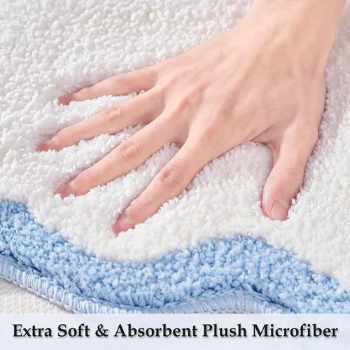 Miniatura 4 de Bonitos tapetes de baño festoneados, antideslizantes, lavables a máquina, suaves, para ducha, bañera, cocina, 24 x 17 pulgadas, color azul
