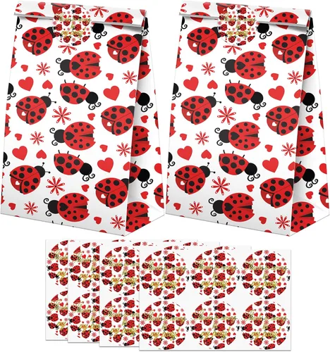 24 bolsas de golosinas de mariquita con calcomanías, bolsas de dulces con calcomanías, bolsas de regalo de mariquita con temática de mariquita,