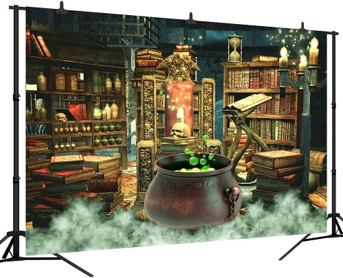 Miniatura 4 de Fondo de fotografía de Halloween, bruja, caldero mágico, estantería en habitación espeluznante, decoración de fiesta, fondo de retrato de vinilo