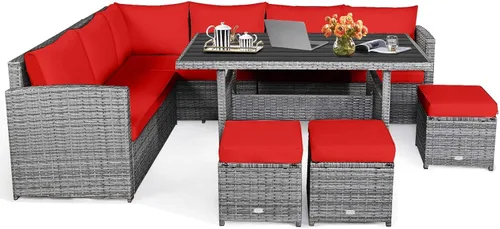 Miniatura 11 de HAPPYGRILL Juego de muebles de mimbre de ratán de 7 piezas, juego de muebles de patio al aire libre con cojines, juego de sofá de ratán con mesa