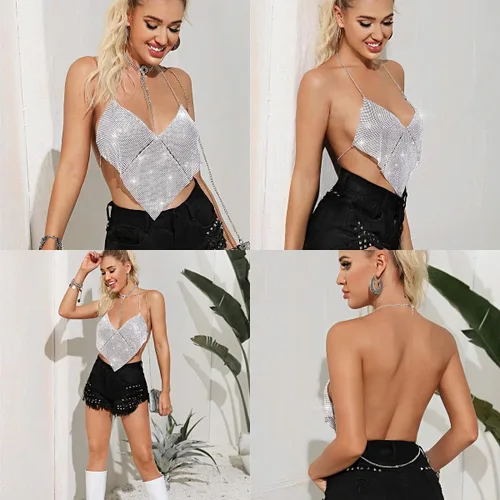 Miniatura 6 de Women Sexy Shiny Rhinestone Tank Top Deep V Neck Halter Metal Body Chain Crop Top Shirt for Night Club Party Rave Outfit
