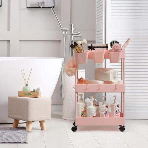 Miniatura 9 de danpinera Carrito de almacenamiento delgado, carrito rodante estrecho de 3 niveles con ruedas, organizador de baño con divisores, mango, ganchos