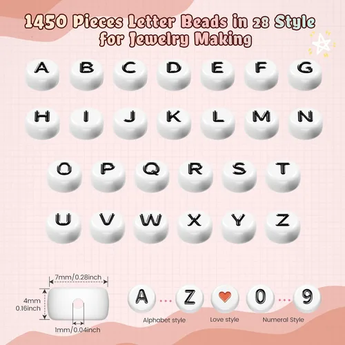 Miniatura 3 de FZIIVQU Kit de 1450 Piezas de Cuentas de Letras, 4x7 mm Cuentas de Alfabeto de Acrílico Blanco para Hacer Joyas, Cuentas de Corazón de Número