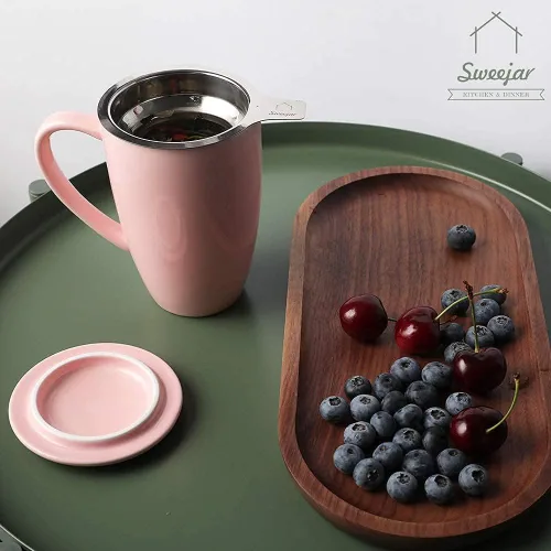 Miniatura 2 de Sweejar Taza de té de porcelana con infusor y tapa, tetera con filtro, máquina de té para hojas sueltas, 16 onzas líquidas para té, café, leche, Rosa