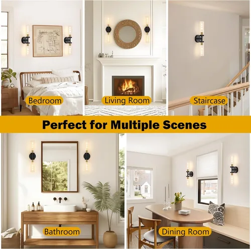 Miniatura 6 de Baocuz Lámparas de baño de 2 luces sobre espejo, luces de tocador negras y doradas para baño, apliques modernos con vidrio transparente para baño