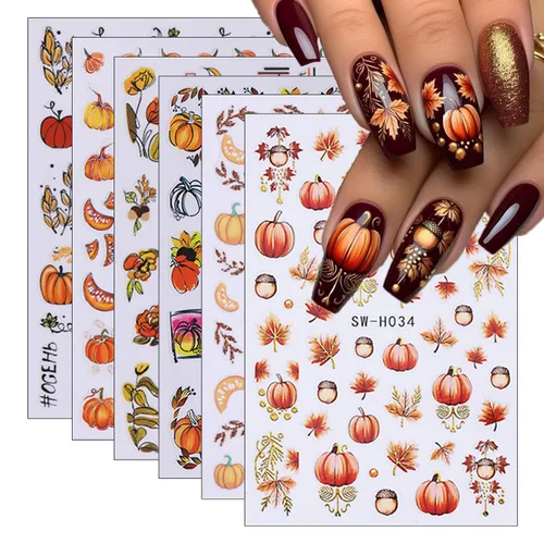 Miniatura 28 de 8 hojas de calcomanías de uñas de Halloween con diseños de fantasmas lindos, calabaza, araña, telaraña, sangre, llama 3D, autoadhesivas, Otoño