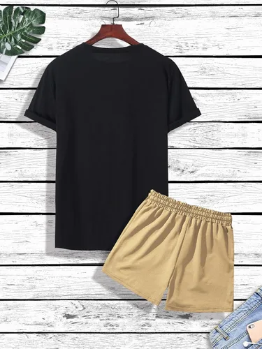 Miniatura 2 de COZYEASE Conjunto de 2 piezas para hombre, camiseta gráfica de manga corta, pantalones cortos con cordón y pantalones cortos de verano para la playa
