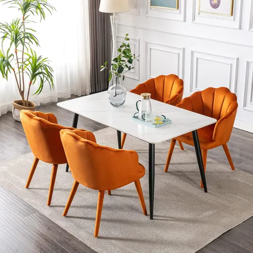 Miniatura 16 de Juego de 2 sillas de comedor de terciopelo modernas con respaldo de pétalos y patas de madera, cómodas sillas laterales tapizadas para comedor, Negro