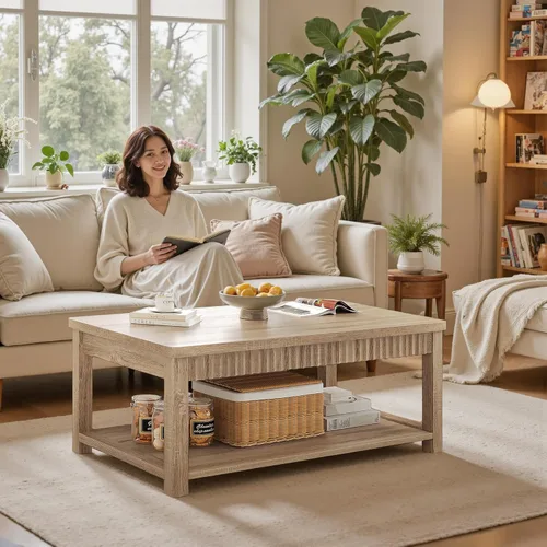 Miniatura 3 de Homkdom Mesa de café, mesas de café modernas de 39 pulgadas para sala de estar con almacenamiento de 2 niveles y borde ondulado, mesa central