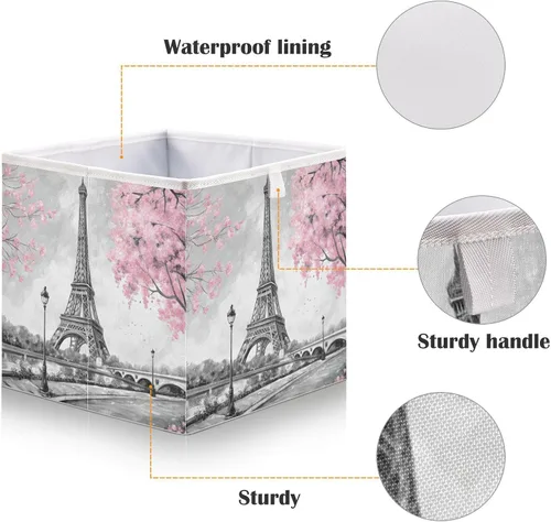 Miniatura 4 de Cesta de almacenamiento plegable de árbol rosa de la Torre Eiffel de 11 x 11 x 11 pulgadas, cubo de almacenamiento para decoración del hogar, cesta