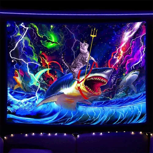 Miniatura 8 de SAOLUIS Tapiz de luz negra de dinosaurio, divertidos tapices de hongos de dinosaurio de neón reactivo a los rayos UV para colgar en la pared, tapiz