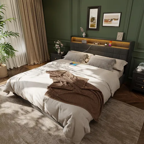 Miniatura 3 de Forestell Base de cama Queen con 4 cajones y cabecera de almacenamiento, base de cama tapizada gris tamaño Queen con estación de carga y luces LED