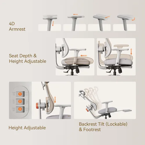 Miniatura 6 de Newtral Silla de oficina ergonómica, silla de escritorio de oficina en casa con reposapiés, respaldo y reposacabezas de seguimiento automático, Gris