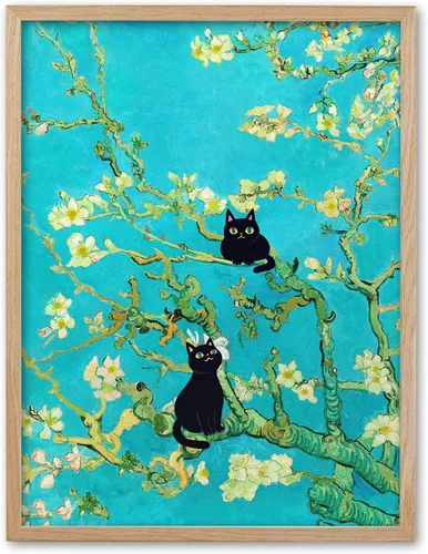 Miniatura 9 de UPWOIGH Decoración artística para pared de baño, arte divertido de pared con diseño de gato negro Are You Pooping, lienzo enmarcado de madera