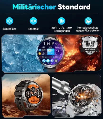 Miniatura 6 de LIGE Relojes inteligentes militares para hombre (3 bandas), reloj inteligente de pantalla grande HD de 1000 mAh/1.85 pulgadas, linterna/más de 110
