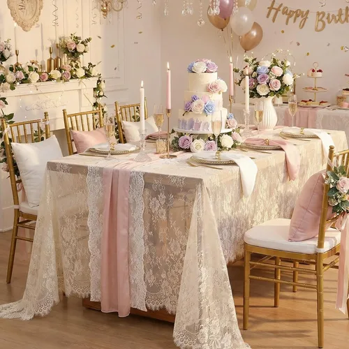 Miniatura 15 de QueenDream Mantel rectangular de 60 x 120 pulgadas, manteles de encaje con patrón floral traslúcido para comedor rústico, cocina, fiesta, decoración