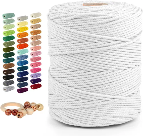 Miniatura 13 de Cordón de algodón macramé 5mmx109 yardas 4 hebras, Munzong Natural hecho a mano 4 cuerdas de algodón trenzadas para colgar en la pared, tejido