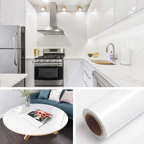 Livelynine Papel adhesivo blanco brillante con purpurina para gabinete de cocina, papel tapiz adhesivo impermeable para encimeras, envoltura de
