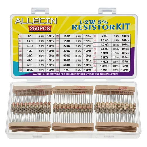 Kit de resistencias de 25 valores 1/2W de Allecin, desde 1 ohmio hasta 1M ohmios, resistencias de película de carbono de 1/2 vatio 5%, surtido