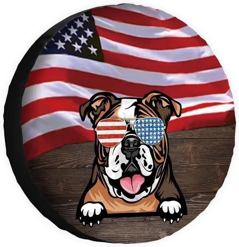 Miniatura 17 de Cubierta de neumático de repuesto para perro salchicha con gafas de sol con bandera de Estados Unidos, fundas protectoras de ruedas a prueba