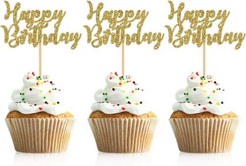 Miniatura 10 de 48 piezas de decoración para cupcakes de feliz cumpleaños, color negro, con purpurina, suministros de decoración de fiesta de cumpleaños