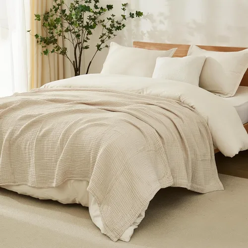 Miniatura 2 de EMME Manta de Muselina de Algodón King Grande Extragrande para Cama Colcha Cubrecama Beige Claro Gasa Transpirable Suave Ligera Mantas (120"x94")