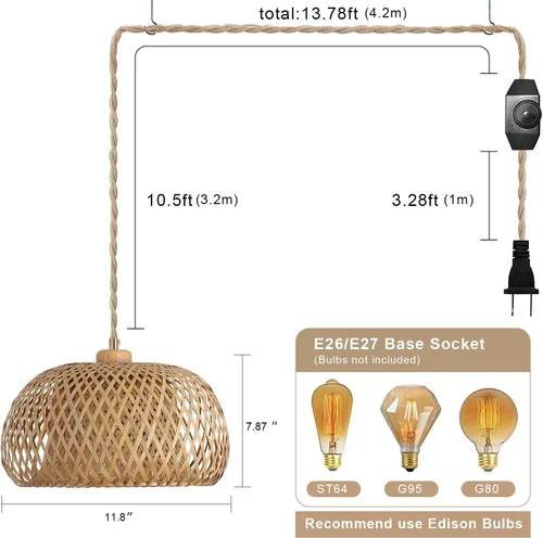 Miniatura 4 de Lámpara colgante de bambú con enchufe con cordón tejido de 14 pies hecho a mano, interruptor regulable, lámpara colgante de cesta boho para Natural-4