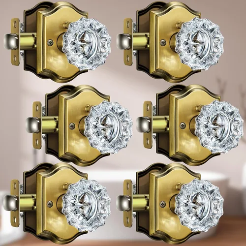 Miniatura 21 de Pomos de puerta de cristal para interiores, pomos de puerta de cristal de latón envejecido con cerradura para uso de privacidad, pomos de puerta
