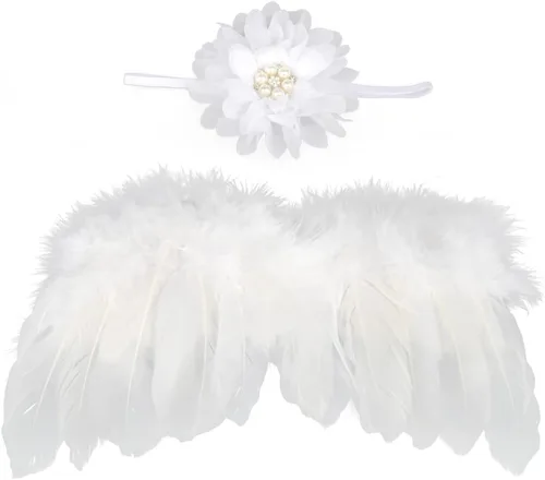 Miniatura 5 de Katutude Accesorios de fotografía para bebé recién nacido, alas de ángel de plumas rosadas, conjunto de diadema de flores, accesorios de fotos