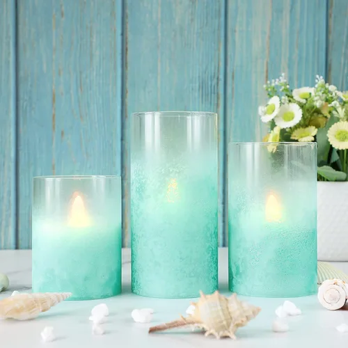 Miniatura 5 de Velas azules sin llama con control remoto de vidrio aguamarina hechas a mano, velas de chorro de arena que funcionan con pilas, velas LED