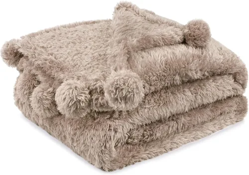 Miniatura 22 de PAVILIA Manta de sherpa negra para sofá, cálida manta de felpa con pompones, manta mullida para sofá, ligera, suave y acogedora con pompones, 50 x
